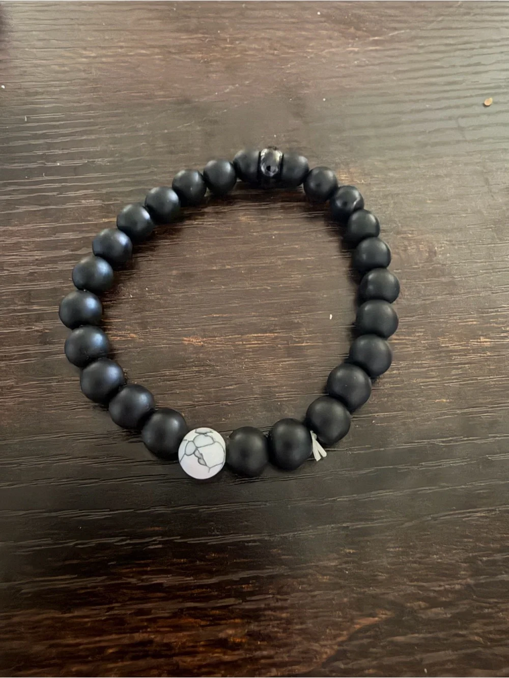 Matte Black Beaded Stretch Bracelet with White Marbled Accent